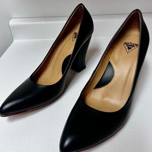 John Fluevog Black Leather Sculpted Block Heel Pumps